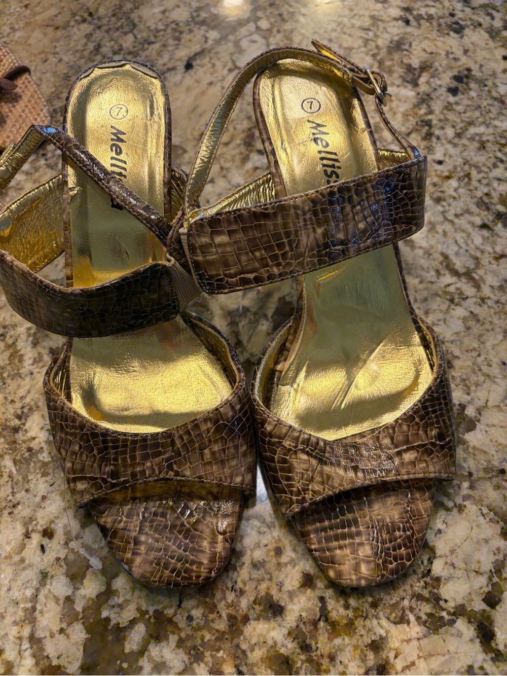 Melissa Gold-Trim Brown Croc-Embossed Block Heel Sandals